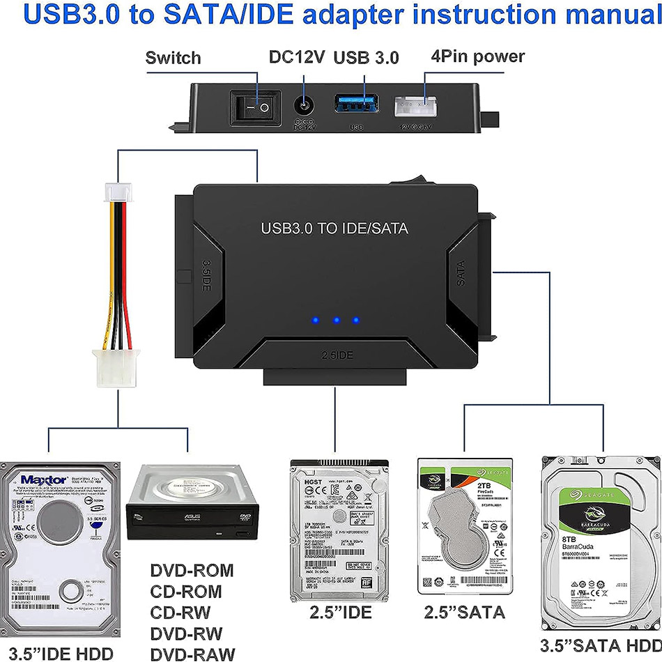 Cáp USB 3.0 to HDD SSD DVD SATA/IDE 44pin 40pin 2.5 inch 3.5 inch nối ổ cứng ra USB máy tính