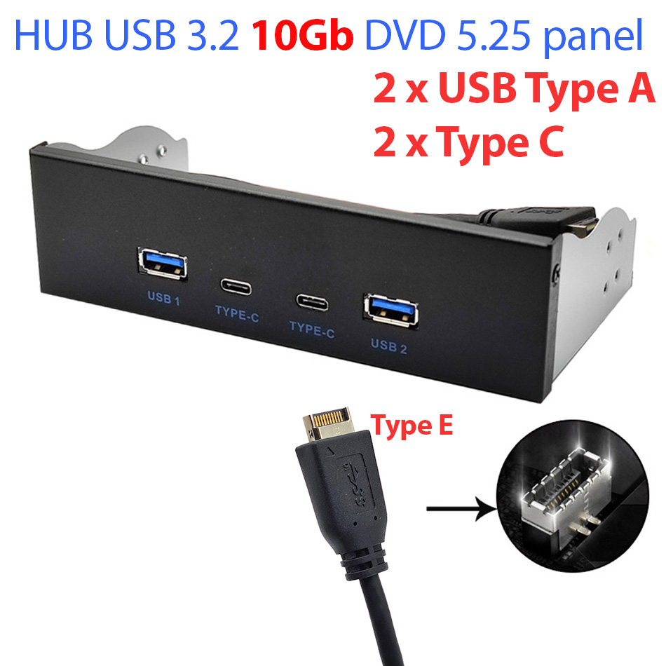Hub USB 3.2 10Gps gắn panel DVD 2 Port Type A, 2 Port Type C cắm main Type E Header