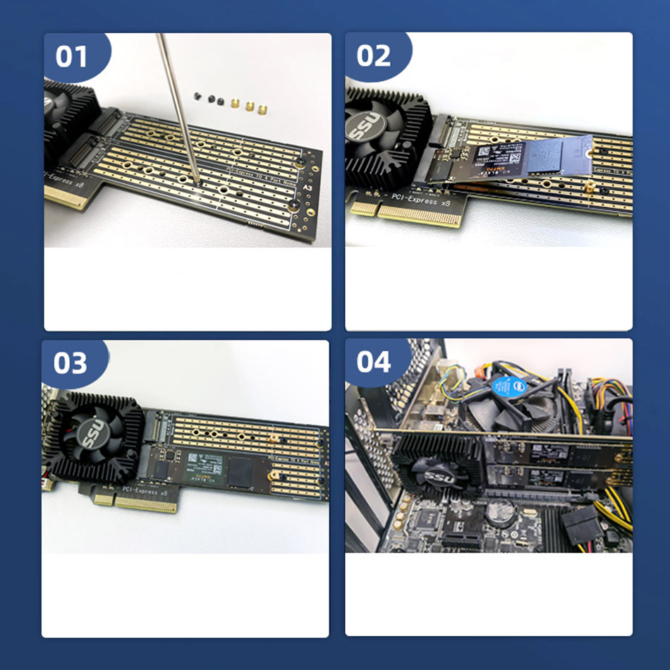 Card PCIe 3.0 to 4 M.2 NVMe SSD 22110 2280 gắn 4 ổ cứng M2 NVMe cho PC, Server, WS