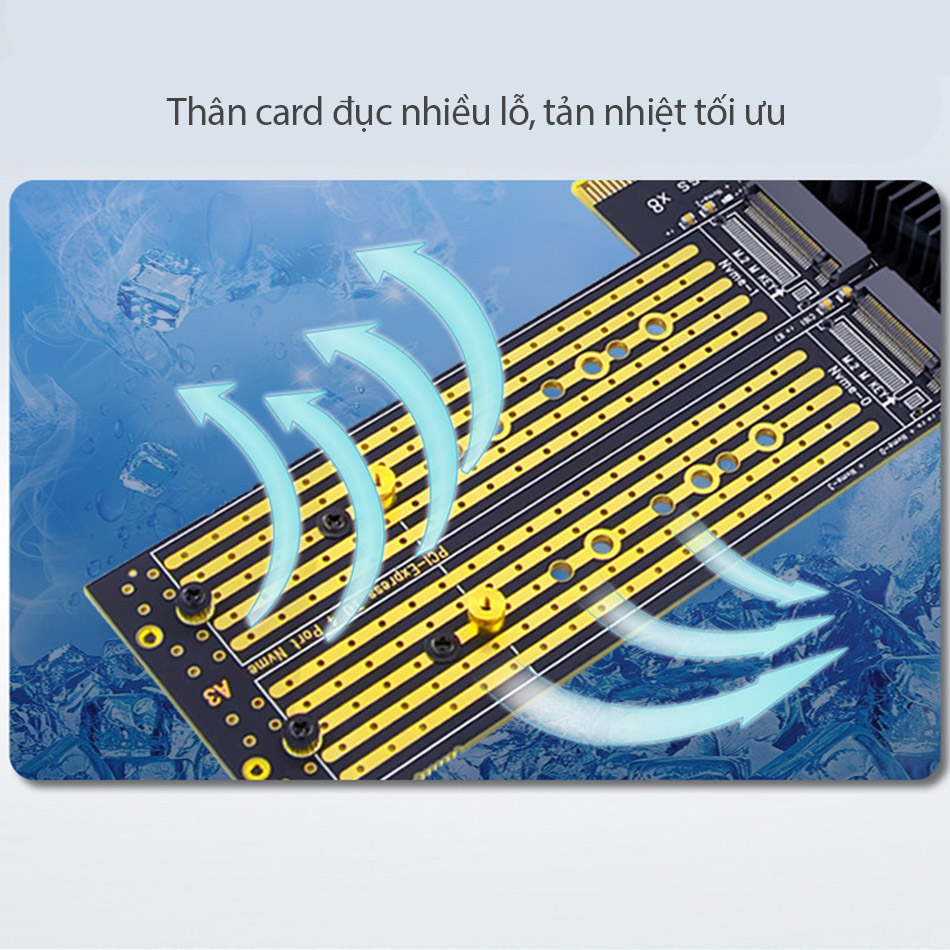 Card PCIe 3.0 to 4 M.2 NVMe SSD 22110 2280 gắn 4 ổ cứng M2 NVMe cho PC, Server, WS