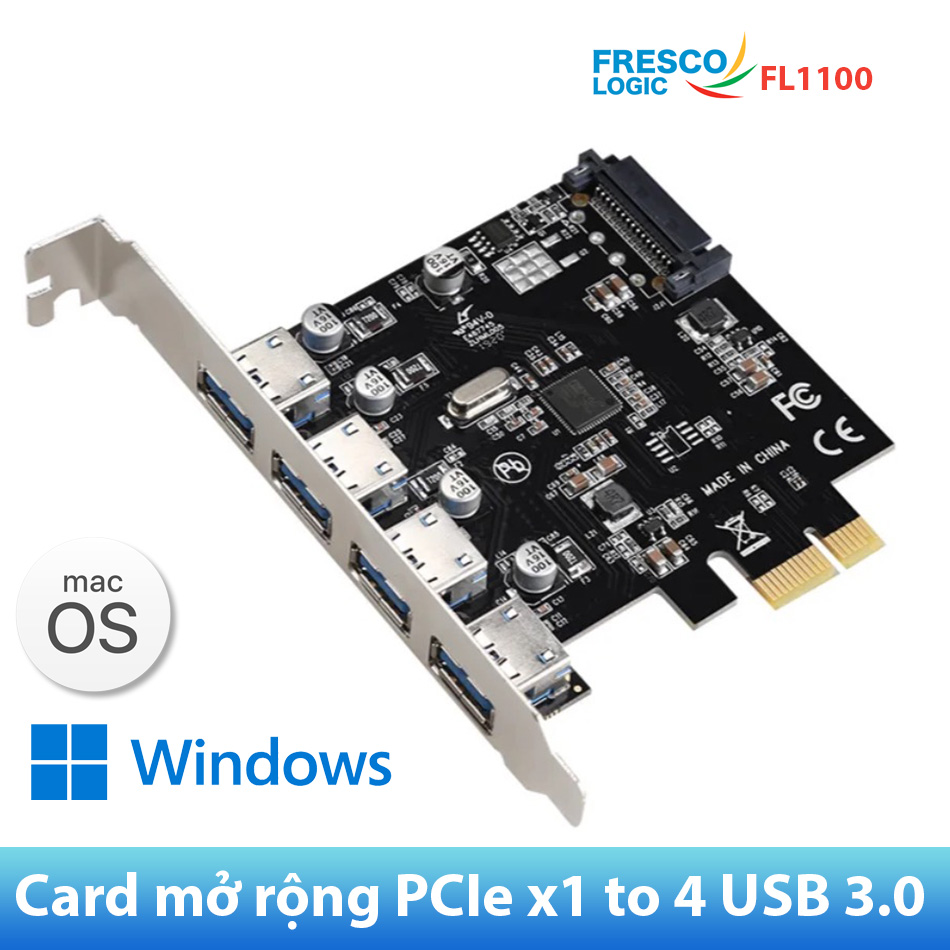 Card PCIe x1 to 4 USB 3.0 Chip FL1100 cho PC, máy tính đồng bộ, MAC PRO