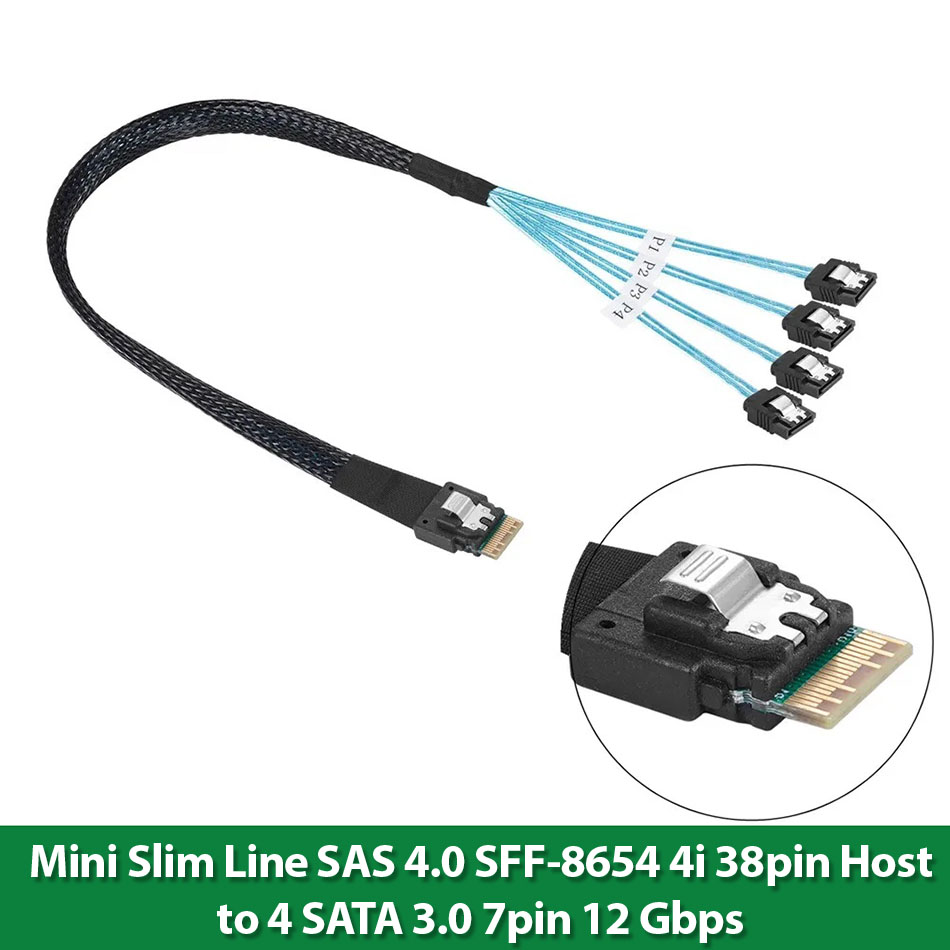 Mini Slim Line SAS 4.0 SFF-8654 4i 38pin Host to 4 SATA 3.0 7pin tốc độ 12 Gbps cho ổ cứng HDD SAS, HDD SATA