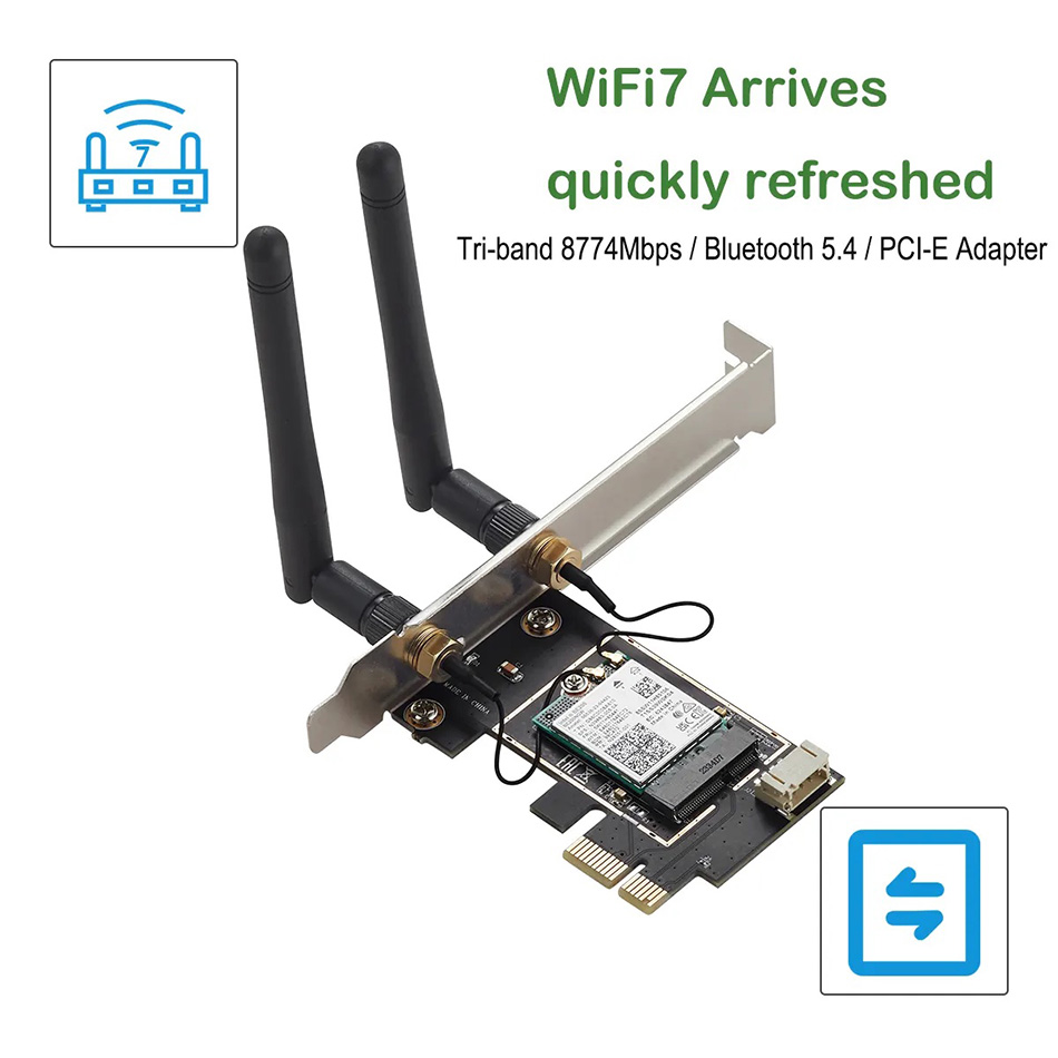 Card mạng PCIe Wifi 7 intel BE200 tốc độ 8774 Mbps Tri Band 6Ghz 5Ghz 2.4Ghz Bluetooth 5.4