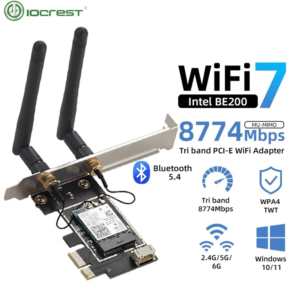 Card mạng PCIe Wifi 7 intel BE200 tốc độ 8774 Mbps 6Ghz 5Ghz Bluetooth 5.4