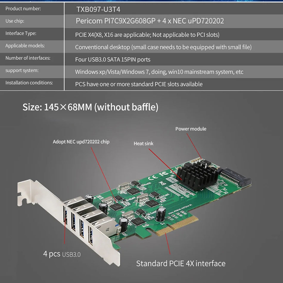 Card chuyển đổi PCIe x4 ra 4 USB 3.0 chip Nec D720202 tốc độ cao cho camera công nghiệp, thiết bị lưu trữ