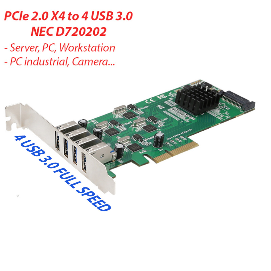 Card chuyển đổi PCIe x4 ra 4 USB 3.0 chip Nec D720202 tốc độ cao cho camera công nghiệp, thiết bị lưu trữ