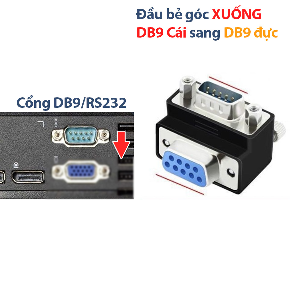 Đầu nối DB9 RS232 Cái sang Đực bẻ góc Xuống