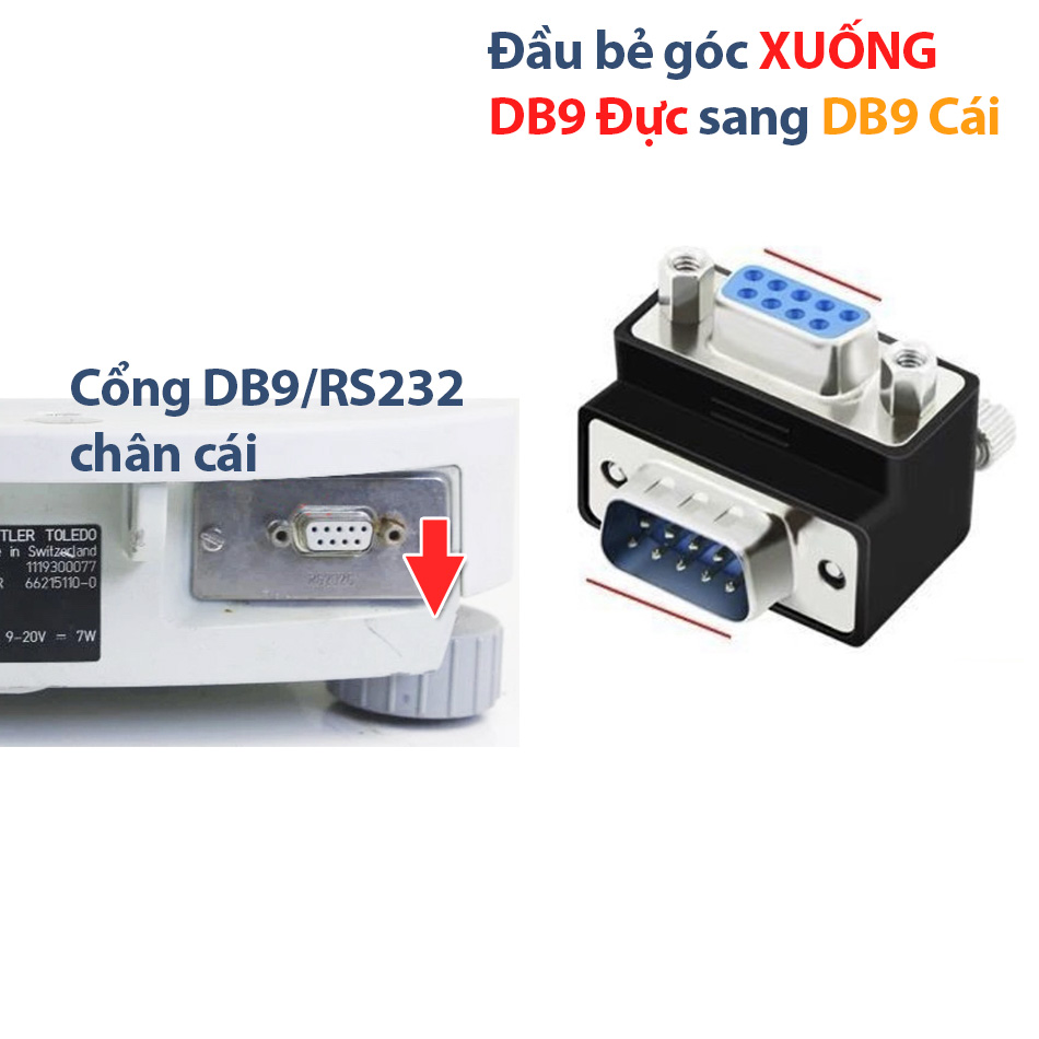 Đầu nối DB9 RS232 Đực sang Cái bẻ góc Xuống