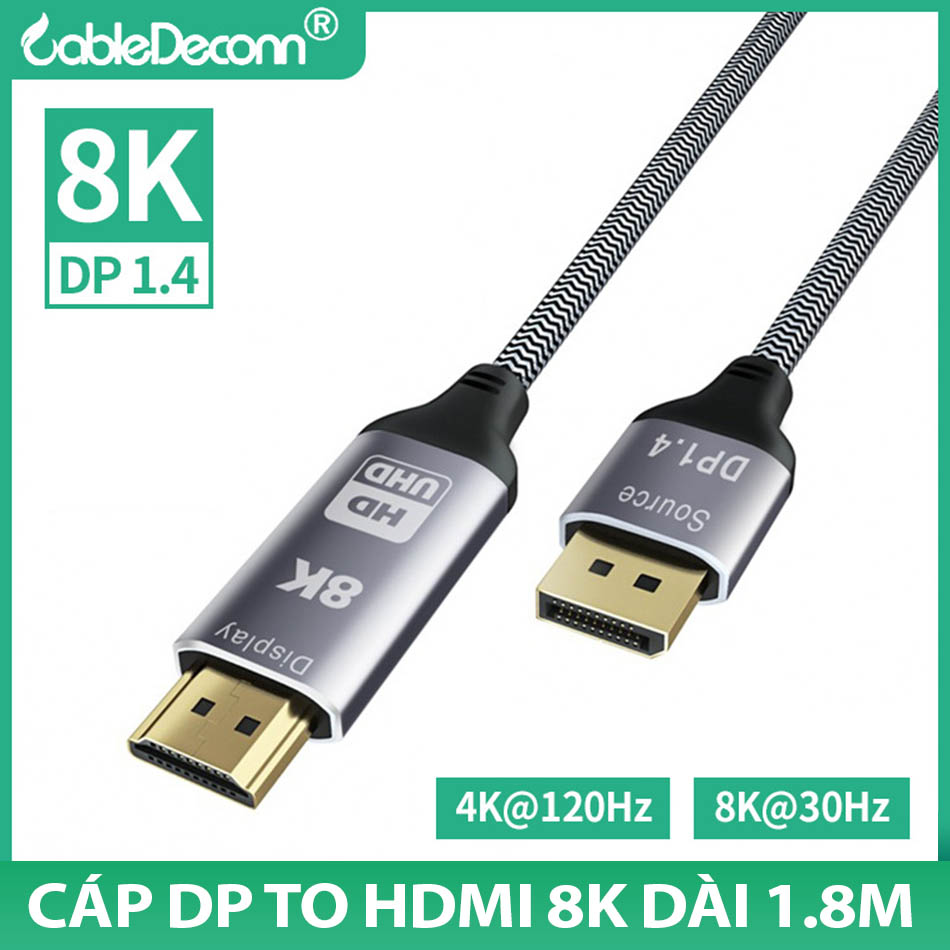 Cáp DisplayPort 1.4 To HDMI 8K30hz 4K 120hz dài 1.8m, nối PC sang màn hình gaming, TV