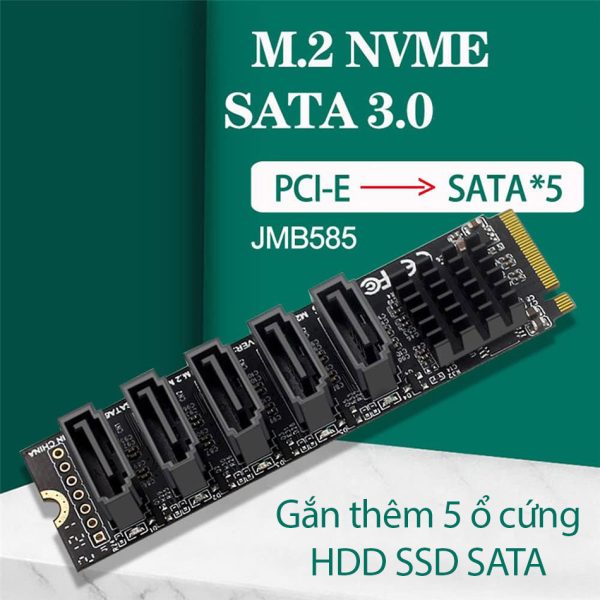 Adapter M2 PCIe to 5 SATA lắp thêm ổ cứng HDD SSD cho PC, máy tính đồng bộ