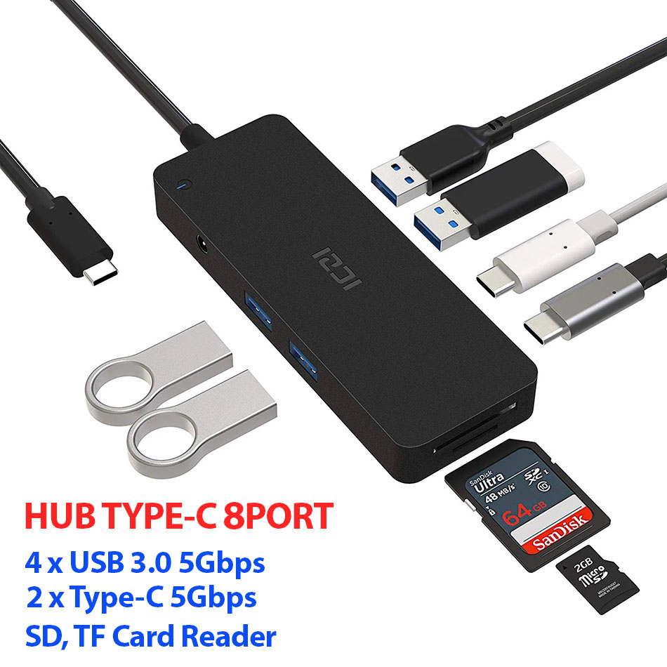 Bộ chia USB Type C 8 Port 4 USB 3.0, 2 Type-C đọc thẻ SD TF