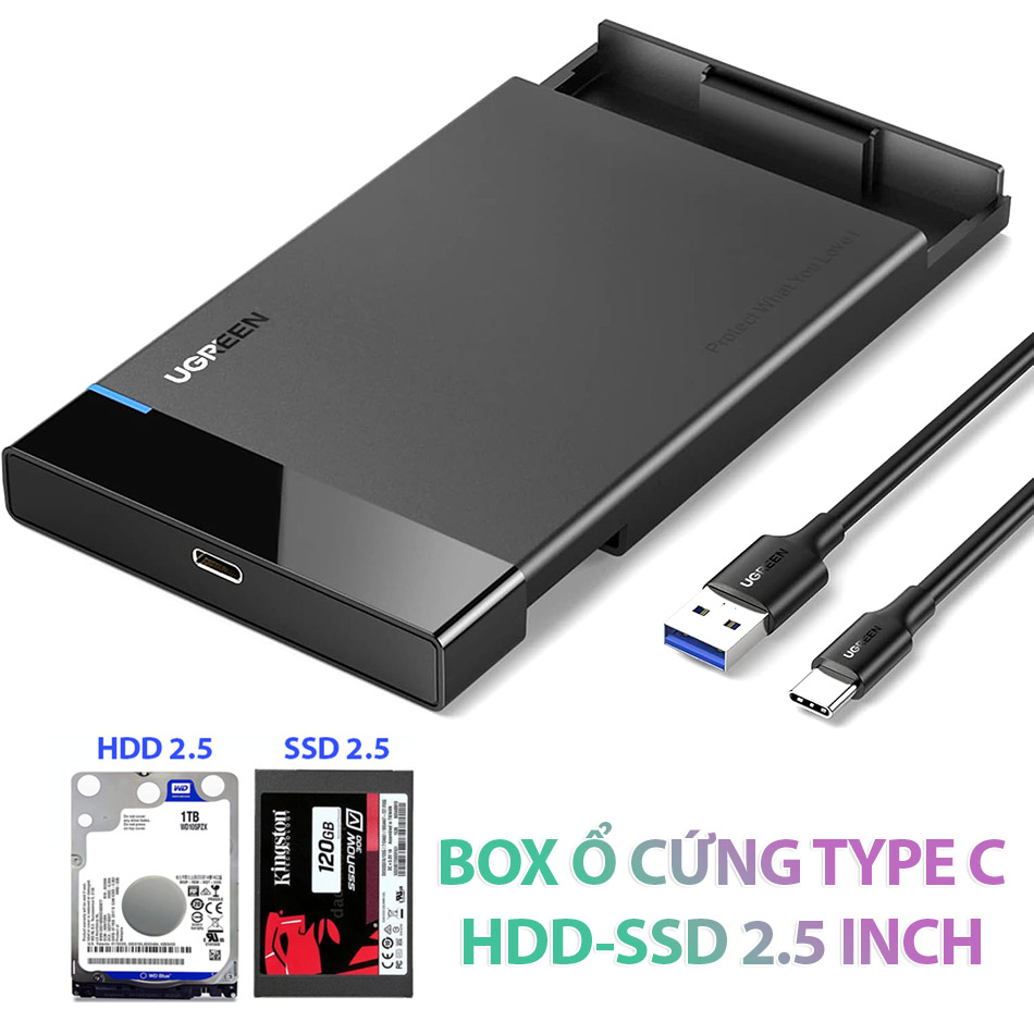 Box ổ cứng HDD SSD 2.5 SATA Type C Ugreen 50743 hỗ trợ dung lượng 6TB