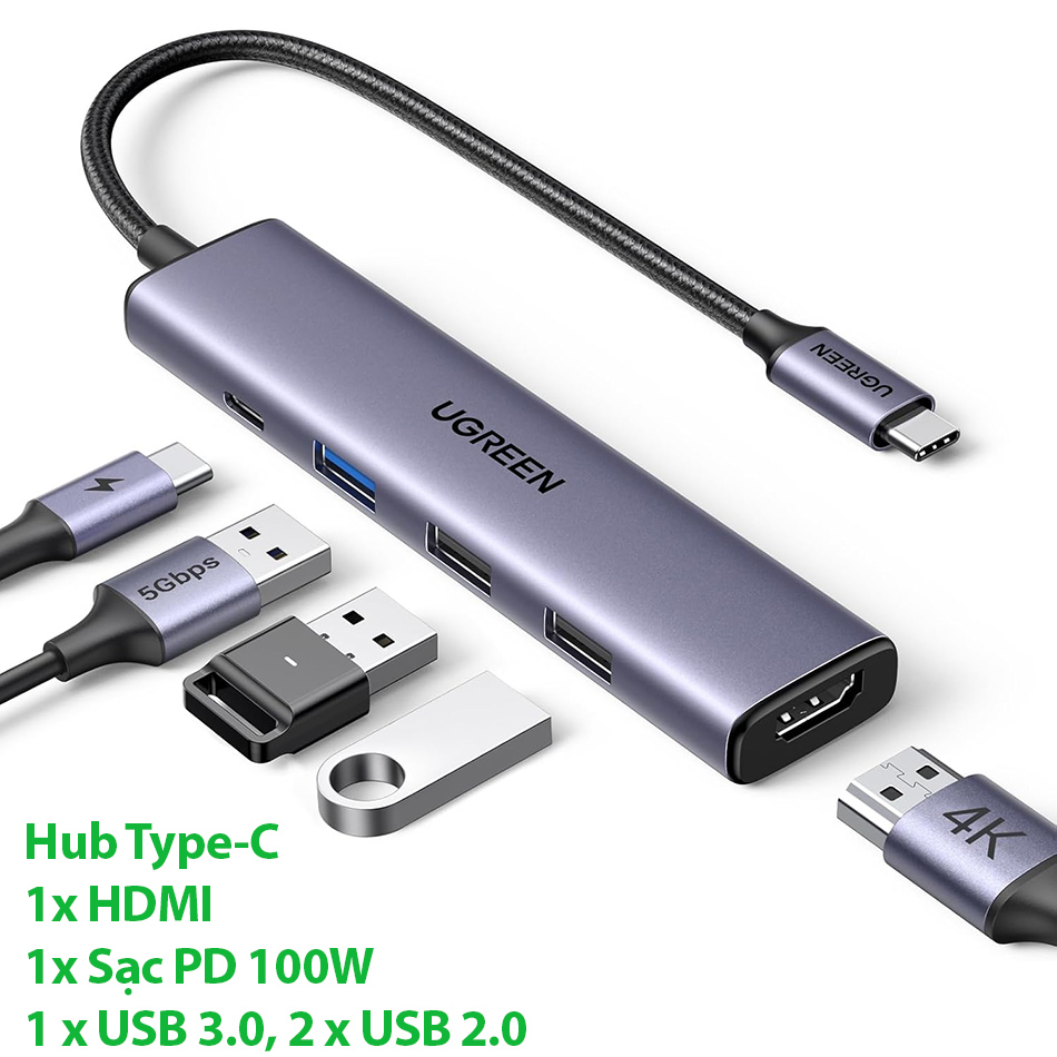 Hub USB Type-C 5 trong 1 ra HDMI 4K, USB 3Port, Sạc PD 100W Ugreen 15495 chính hãng