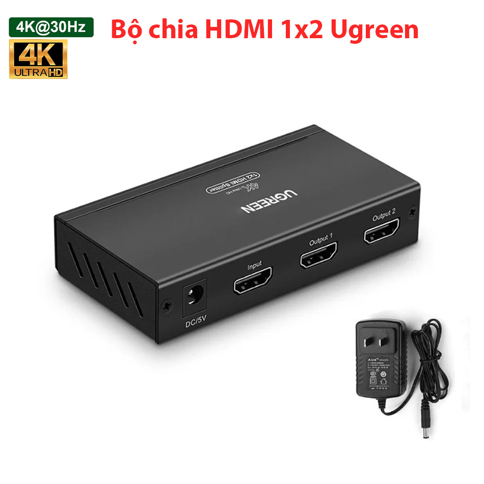 Bộ chia HDMI 1 ra 2 Ugreen 40201 hỗ trợ 4K30hz kèm nguồn 5V, hiện thị song song 2 màn hình