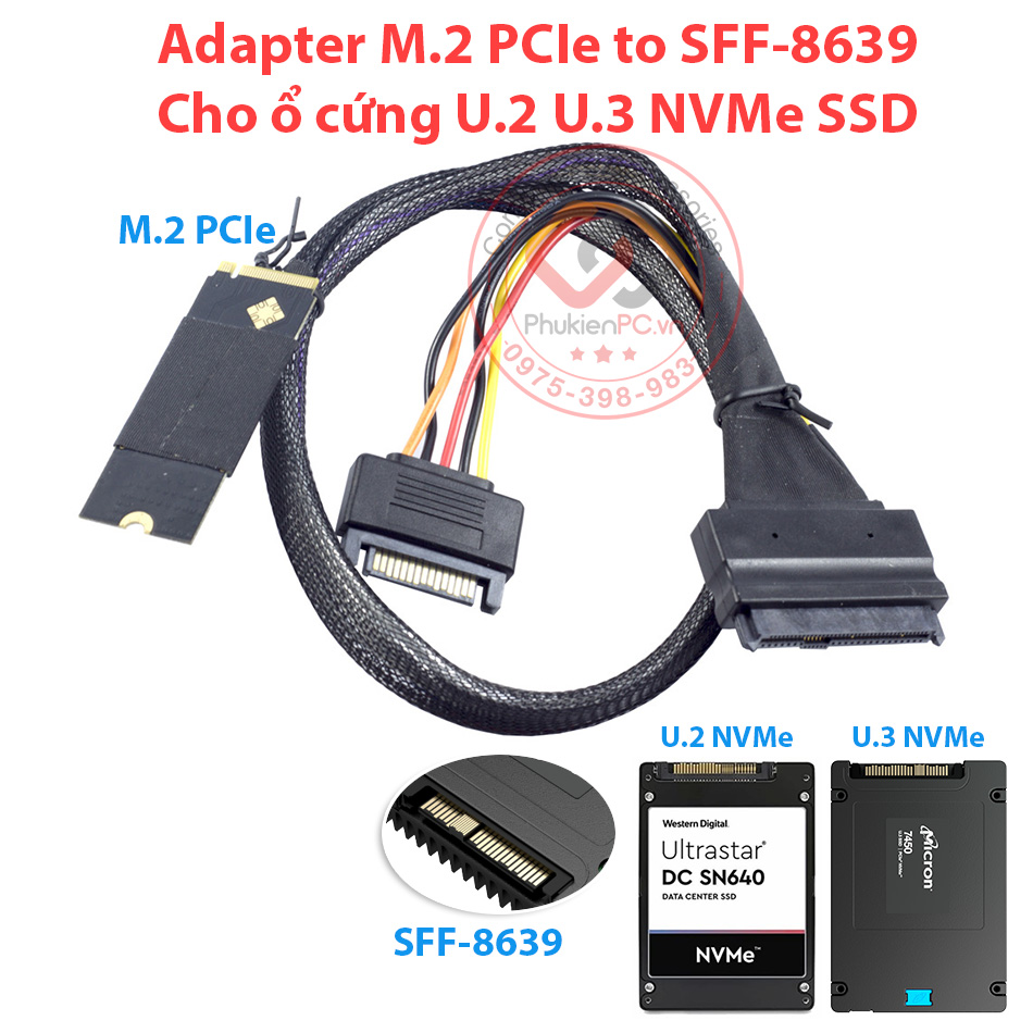 Adapter M2 PCIe NVMe to SFF-8639 cho ổ cứng U.2 U.3 NVMe SSD. Gắn ổ cứng U2 U3 vào máy tính PC, Server, WS