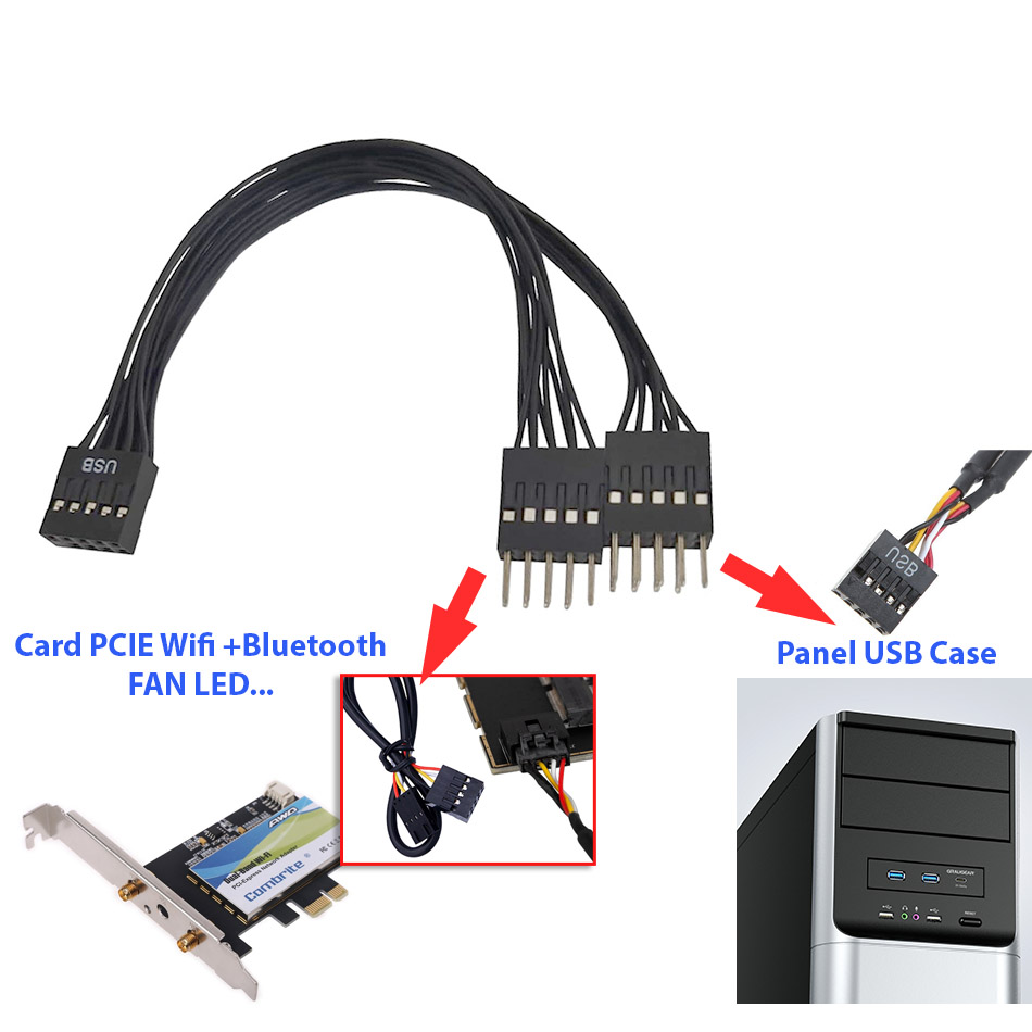 Cáp chia USB 9pin main 1 ra 2 dùng cho card wifi bluetooth, fan led, front panel pc case