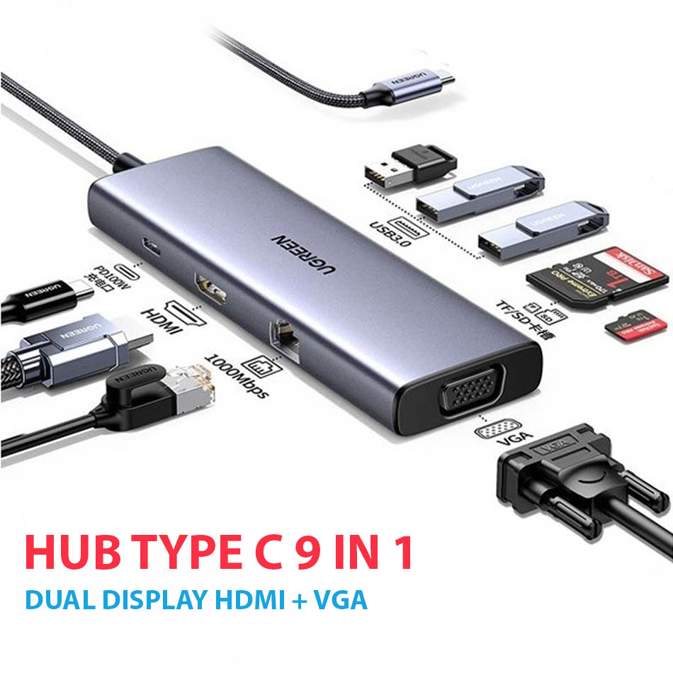 Hub Type C 9 in 1 HDMI VGA Dual display, LAN, 3 cổng USB 3.0, đọc thẻ nhớ SD TF Ugreen 15600