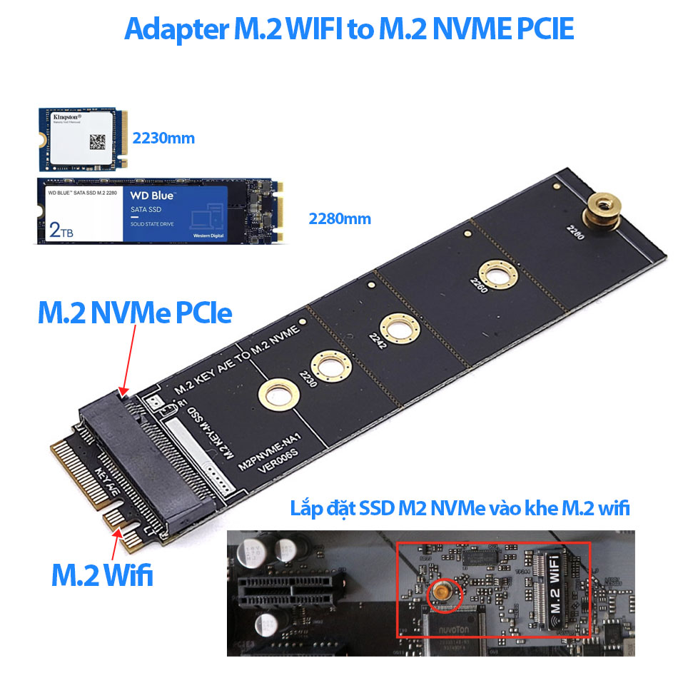 Adapter chuyển M.2 WIFI sang M2 NVME PCIe lắp thêm ổ cứng M2 cho Laptop, PC