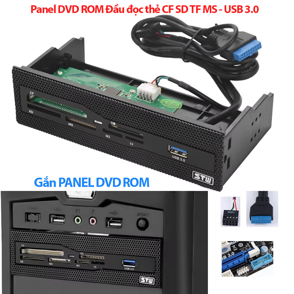 Đầu đọc thẻ đa năng CF SD XD MS M2 TF USB 3.0 gắn panel DVD mặt trước case