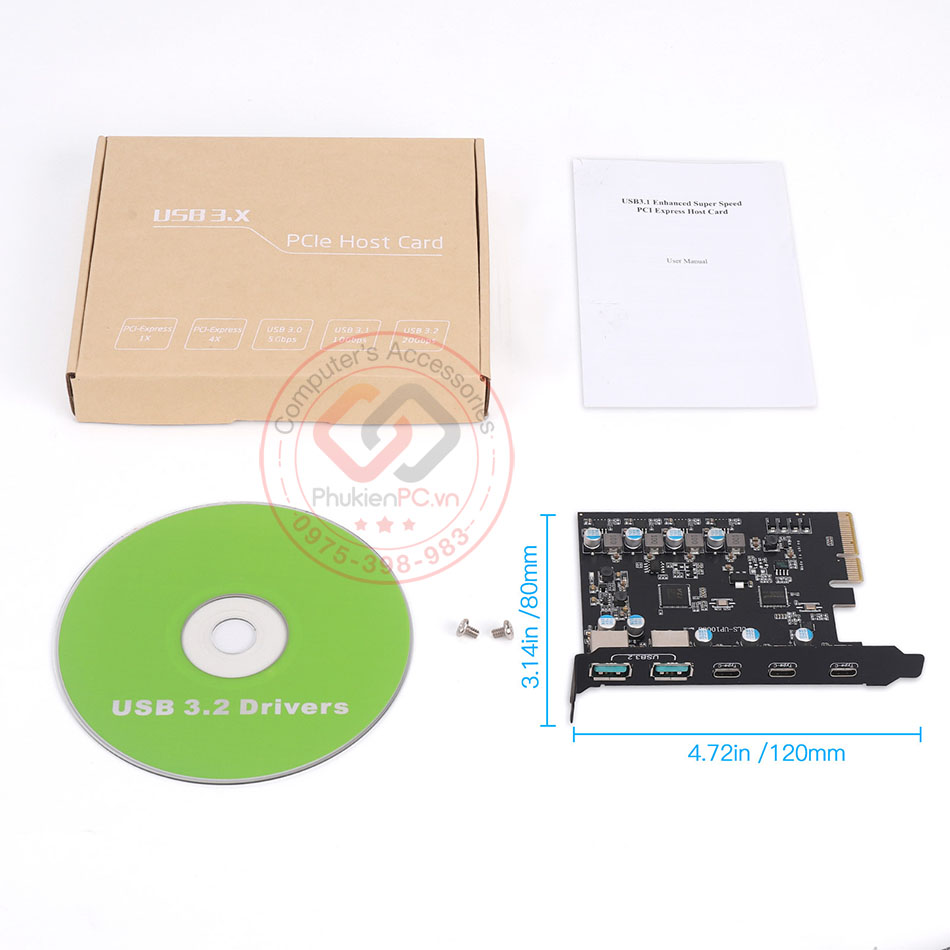Card mở rộng PCIe x4 to 2 Port USB 3.2 Type A, 3 Port Type C 10Gb cho máy tính PC, đồng bộ