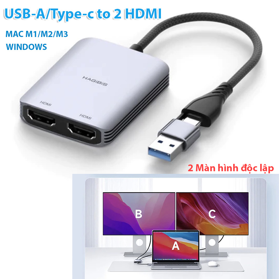 Cáp chuyển đổi USB-A, Type C to Dual HDMI nối Laptop PC Macbook M1 M2 M3 ra 2 màn hình độc lập