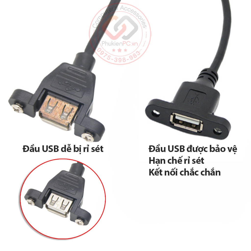 Dây cáp USB 2.0 nối dài đực-cái bắt vít đầu đúc chống bụi, han rỉ 0.3M 0.6M 1M 1.5M 2M 3M 5M