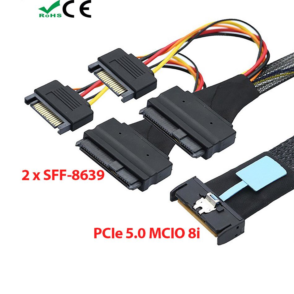 Cáp chuyển đổi PCIe 5.0 MCIO 8i 74pin sang 2 Port U.2 U.3 NVME SSD SFF-8639