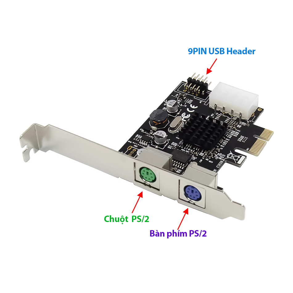 Card chuyển đổi PCIe x1 ra PS2 chuột phím, USB 2.0 9pin header