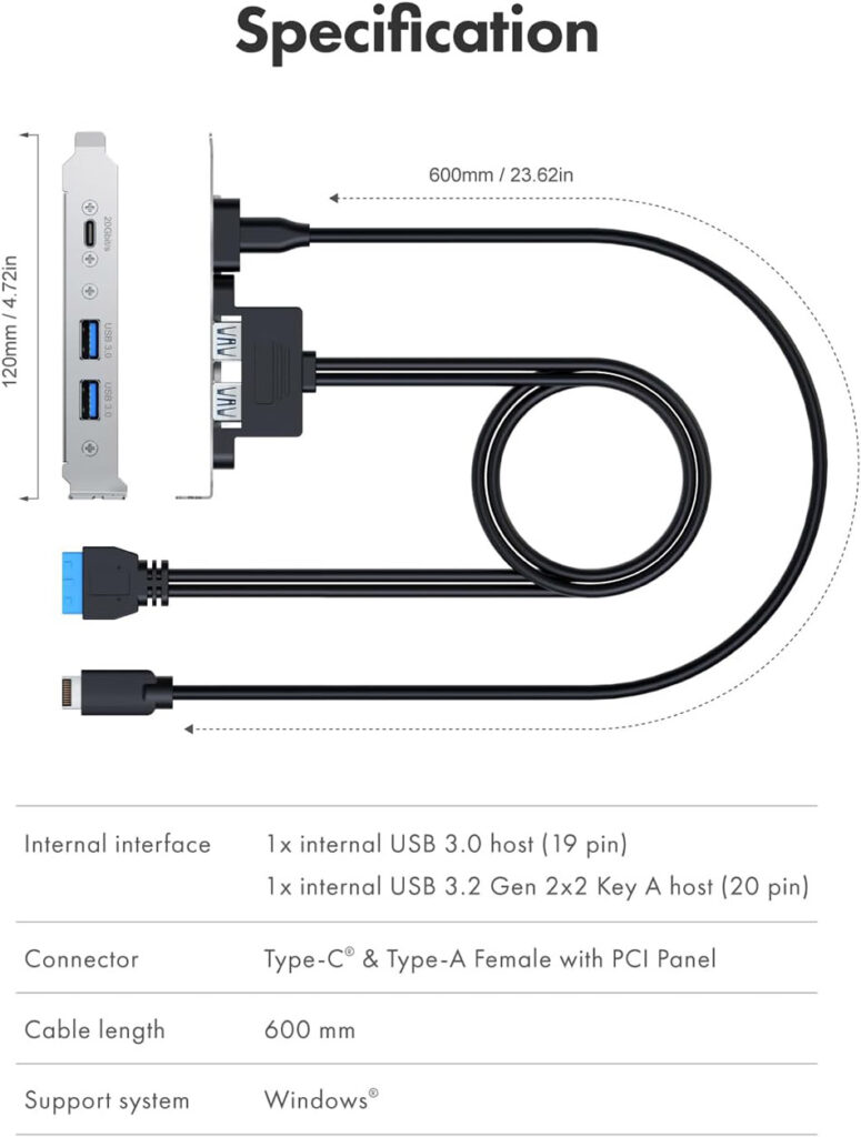 Cáp Type E, 20Pin header to 2 USB-A + Type-C 20Gbps