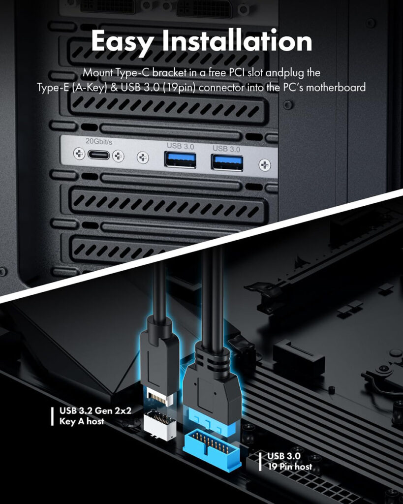 Cáp Type E, 20Pin header to 2 USB-A + Type-C 20Gbps