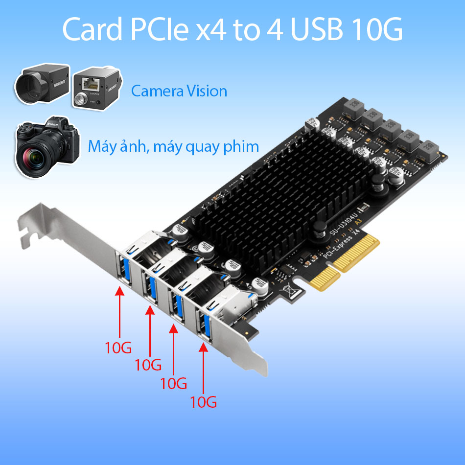 Card chuyển đổi PCIe x4 to 4 USB 10Gbps kết nối PC ra Camera vision, máy ảnh