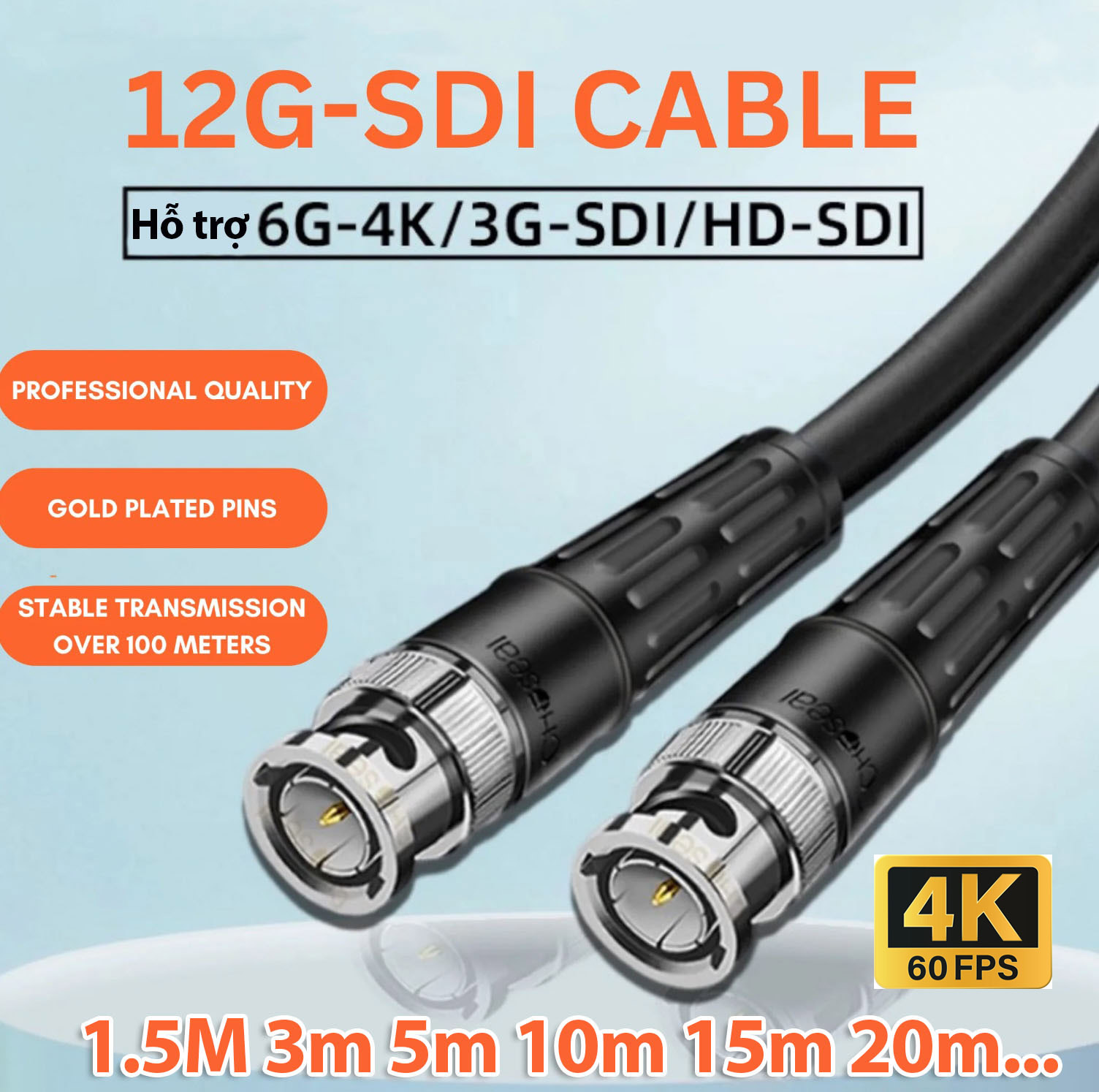 Dây cáp 12G SDI BNC video 4K cho máy quay phim,  nội soi y tế, thiết bị hình ảnh 1.5M 3M 5M 10M 15M 20M
