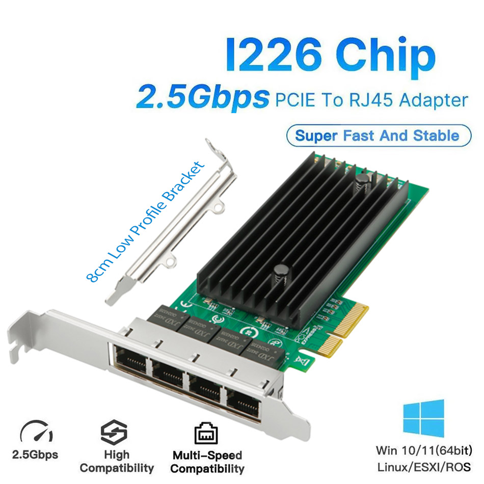 Card mạng PCIe x4 to 4 Port Gigabit Network Adapter 2.5 GBe chip intel i226 cho PC, server máy chủ