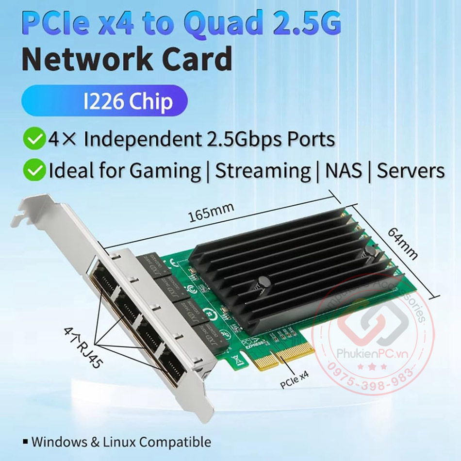 Card mạng PCIe x4 to 4 Port Gigabit Network Adapter 2.5 GBe chip intel i226 cho PC, server máy chủ