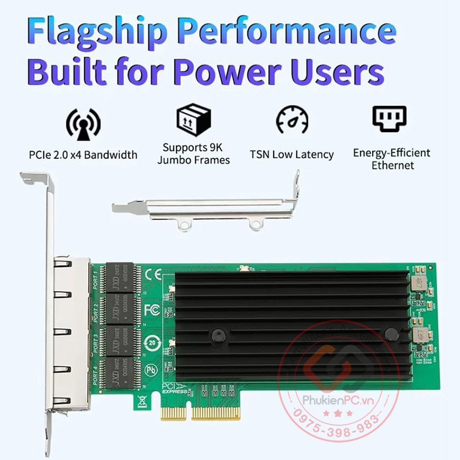 Card mạng PCIe x4 to 4 Port Gigabit Network Adapter 2.5 GBe chip intel i226 cho PC, server máy chủ