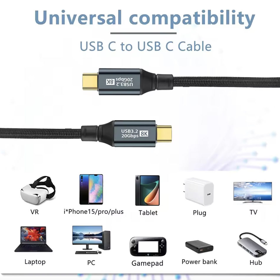 Cáp Type C to Type C 8K, 20Gbps, sạc PD100W dài 1M 2M 3M