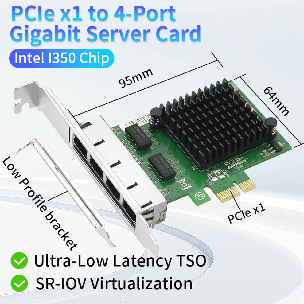 Card mạng PCIe x1 to 4 Port LAN Gigabit Ethernet chip intel i350-T4 cho PC, đồng bộ, máy chủ