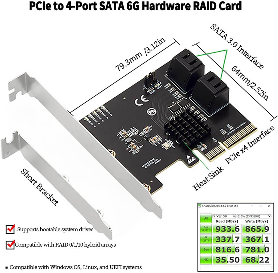 Card PCI-e x4 to 4 SATA 3 6Gb hỗ trợ RAID 0, 1, 10 lắp thêm 4 ổ cứng HDD SSD