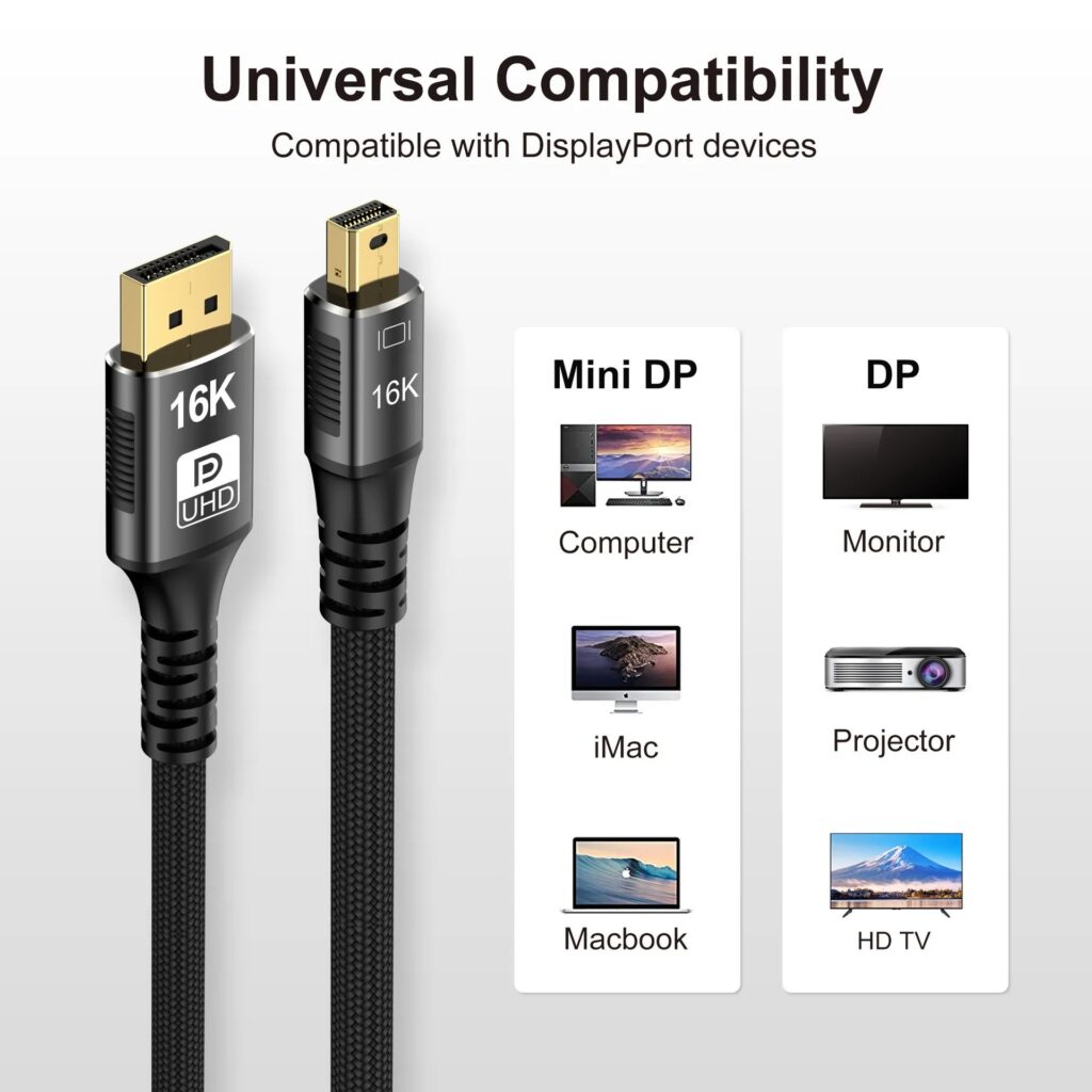Dây cáp Mini DisplayPort to DisplayPort 2.1 16K 8K 4K dài 1M 2M 3M