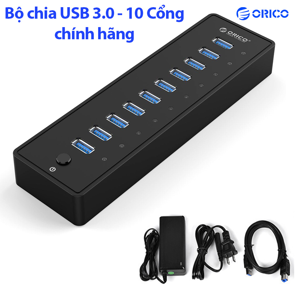 Bộ chia Hub USB 2.3-10 cổng hỗ trợ nguồn ngoài 12V Orico P10-U3