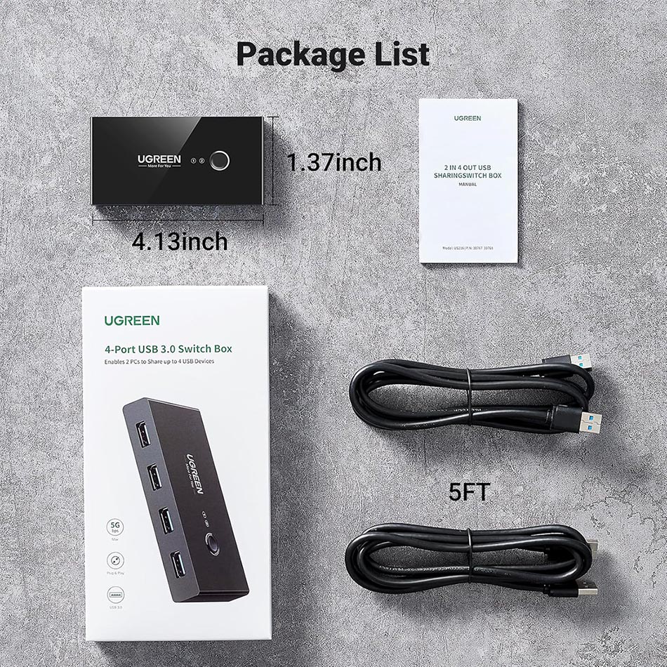 Thiết bị chia sẻ 4 USB 3.0 chuột, phím, máy in, ổ cứng cho 2 máy tính sử dụng chung Ugreen 30768