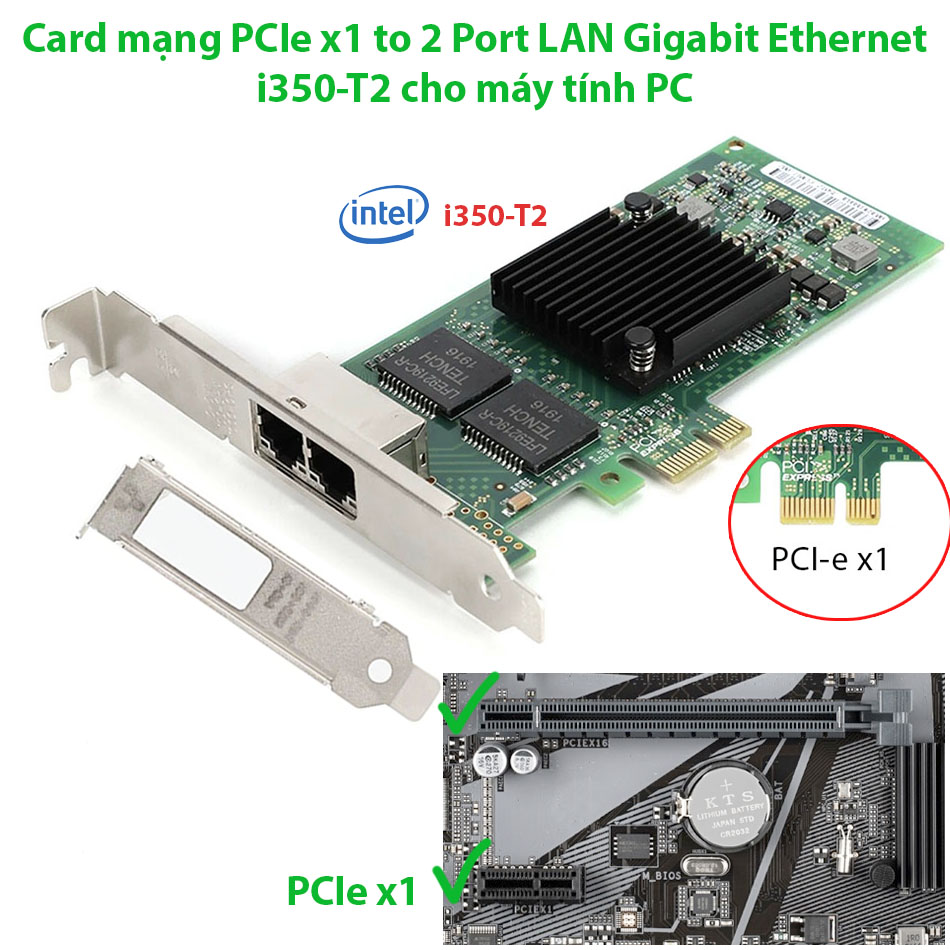 Card mạng PCIe x1 to 2 Port LAN Gigabit Ethernet i350-T2 cho máy tính PC, đồng bộ, máy chủ