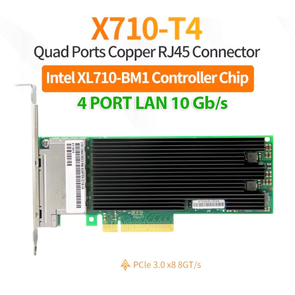 Card mạng LAN PCIe 3.0 x8 – 4 cổng RJ45 tốc độ 10 Gbps chip intel X710-T4