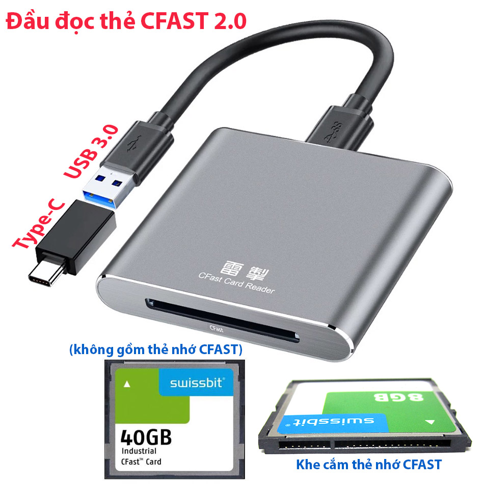 Đầu đọc đọc thẻ CFast 2.0 công nghiệp chuẩn USB 3.0 Type C