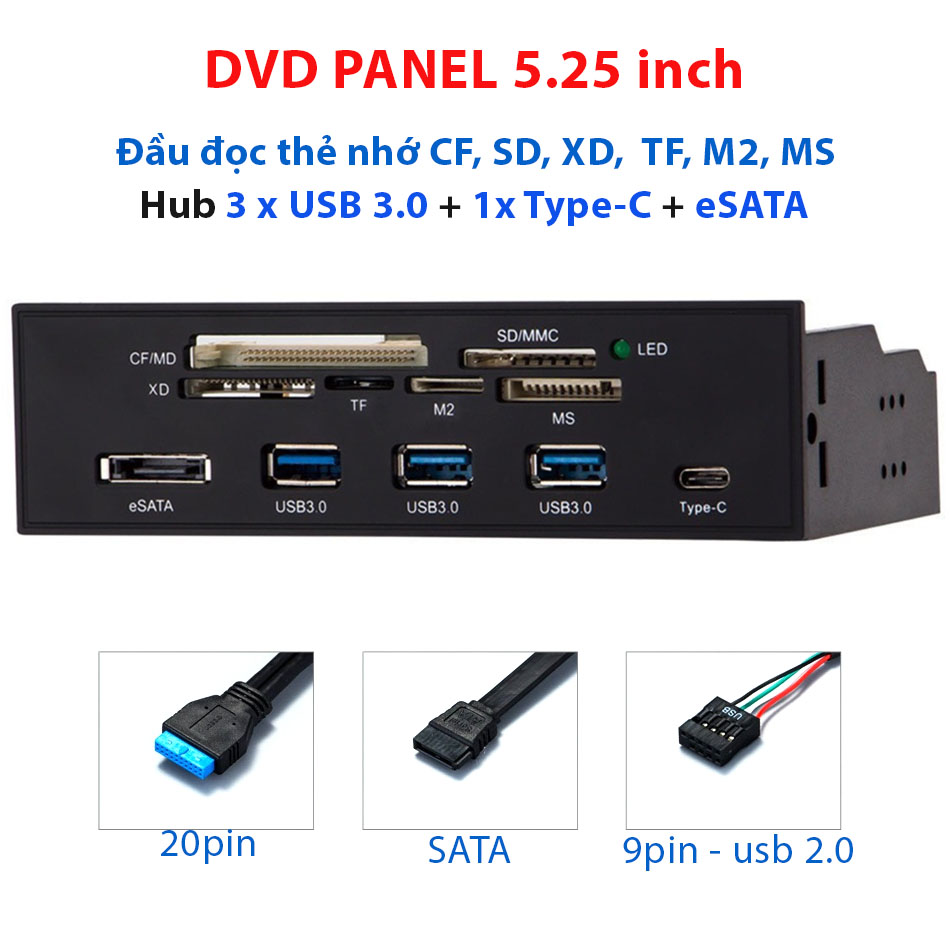 Hub 3 cổng USB 3.0, Type C, eSATA, đầu đọc thẻ đa năng CF SD MicroSD panel DVD 5.25