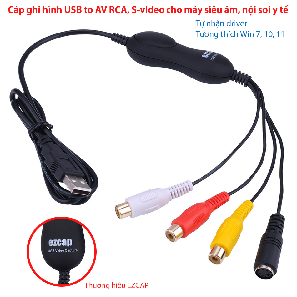 Cáp ghi hình USB sang AV RCA, S-video capture cho máy siêu âm, nội soi – thương hiệu EZCAP chất lượng cao